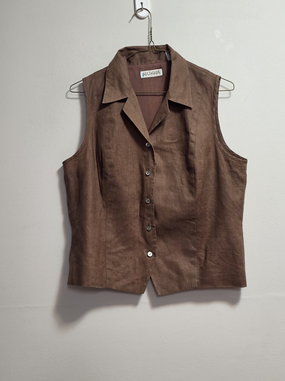 Vintage Ann Taylor Brown Sleeveless 100% Linen Blend Button Front Top Size 12P